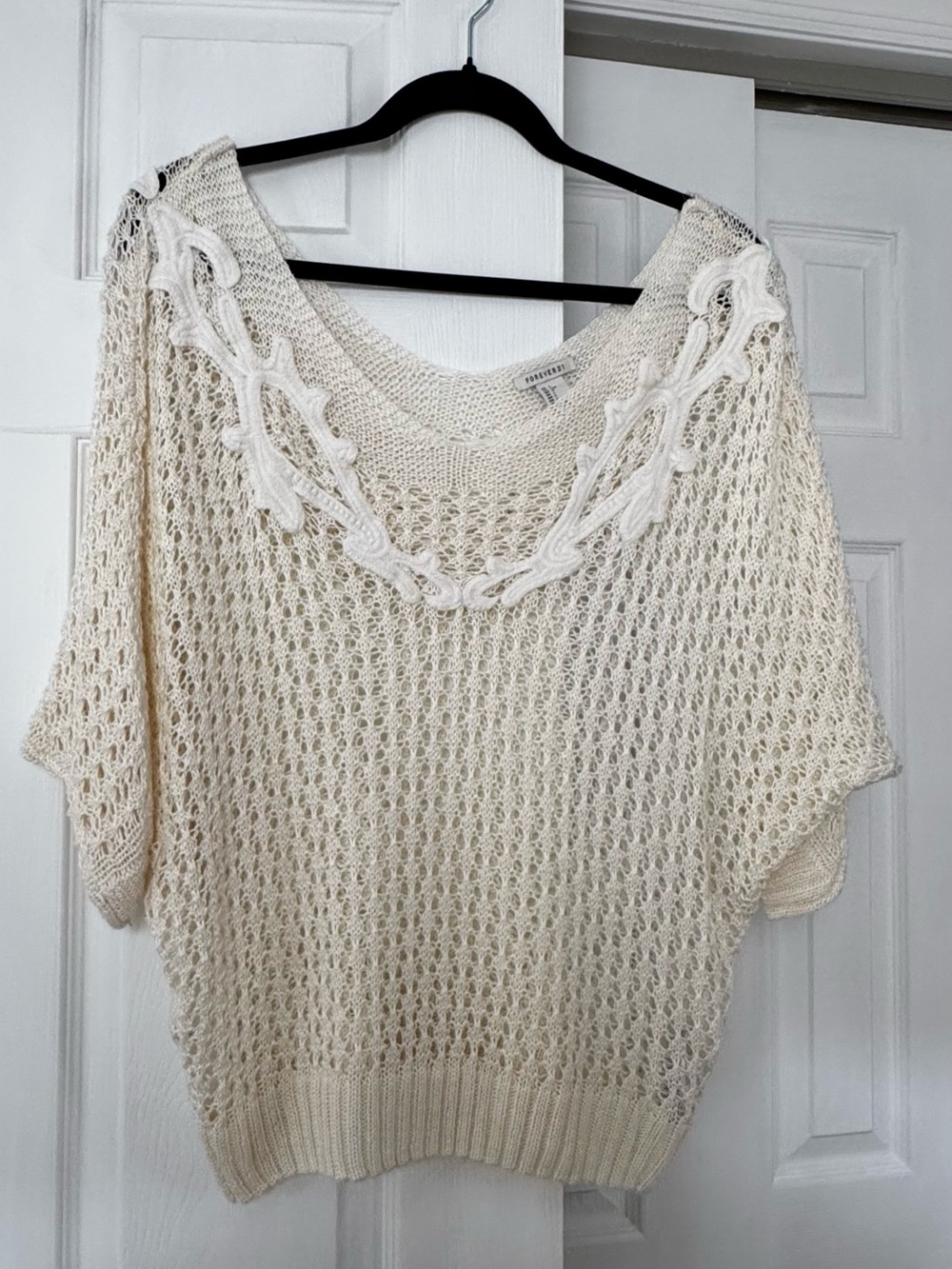 Forever 21 Cream Open-Knit Short Sleeve Sweater with Braided Trim